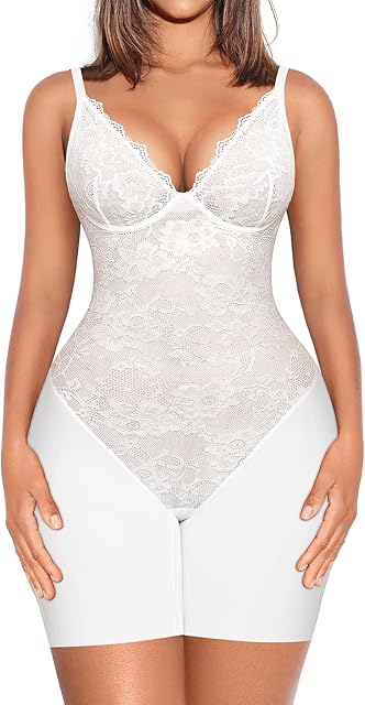 Lace Bodysuit for Women Tummy Control Shapewear Bodysuit Tops V Neck Corset Body Suit Mid Thigh Body Shaper