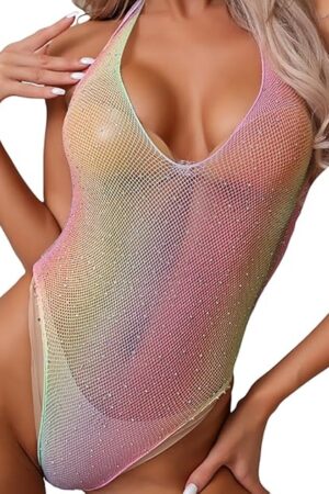 Women Colorful Fishnet Sparkly Bodysuit Sexy Rhinestone Mesh Teddy One Piece Lingerie