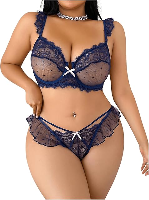 Women's Plus Size 2 Piece Lace Sheer Lingerie Set Ruffle Underwire Bra and Panty Sets