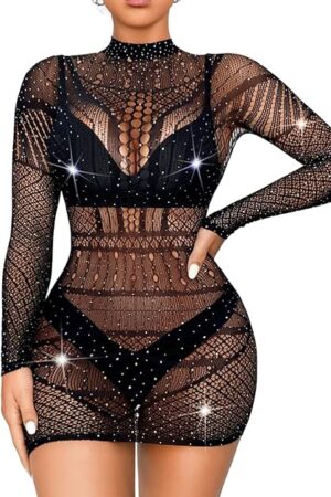 Fishnet Bodycon Mini Dress,Sparkly Rhinestone Rave Outfit,Mesh Sheer Club Outfits for Women Sexy Exotic Dancewear