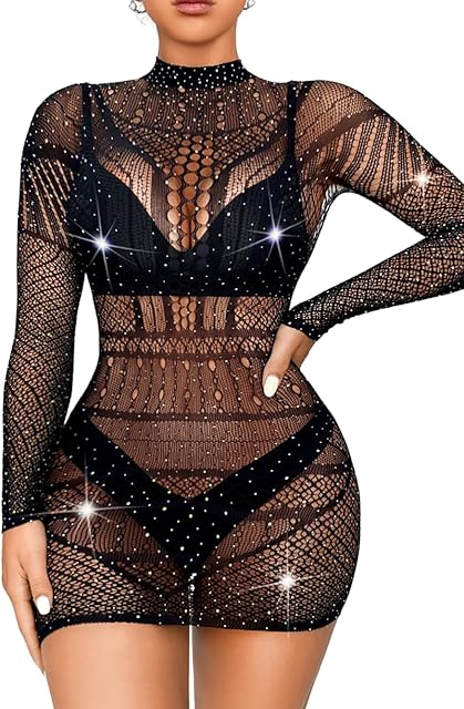 Fishnet Bodycon Mini Dress,Sparkly Rhinestone Rave Outfit,Mesh Sheer Club Outfits for Women Sexy Exotic Dancewear