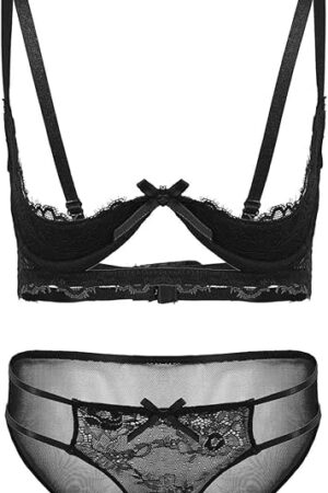 2 Piece Women Erotic Sexy Lace Strap Underwired Bra Top and G-String Briefs Lingerie Set