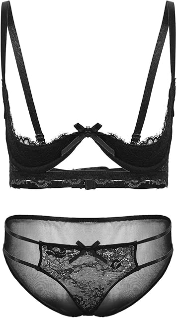 2 Piece Women Erotic Sexy Lace Strap Underwired Bra Top and G-String Briefs Lingerie Set