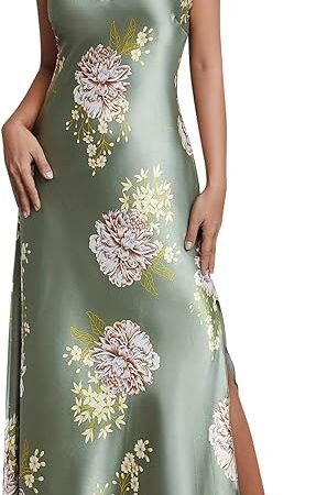 Womens Satin Long Nightgown Sexy Side Split Silk Floral Graphic Lingerie Soft Spaghetti Strap Nightwear Nightdress