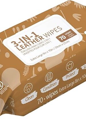 Air Jungles 3in1 Leather Cleaner Wipes 70 Count, Extra Large 8" x 10" Size, Clean Condition Protect Wipes for Vinyl and Leather Apparel Furniture Auto Car Interior Shoes Boots Bags