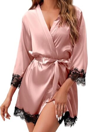 Women's Silk Robe Short Sexy Lace Bride Party Satin Bathrobe Kimono Sleepwear