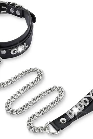 Women's Black Leather Choker Necklace with Rhinestone Letters, Adjustable Punk Gothic Custom Name D-ring Collar Jewelry For Women