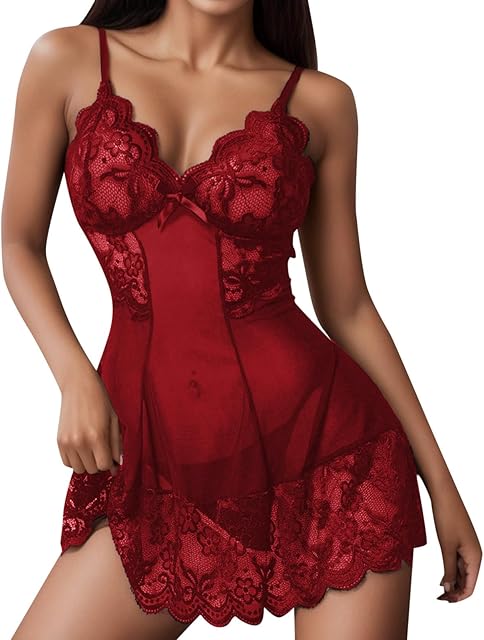 Womens Sexy Lingerie Floral Lace Border Babydoll Dress with Thong Ruffle Hem Sleepwear Elegant Exotic Chemise