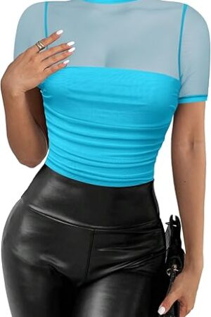 Women's Mesh Sexy Mock TurtleNeck Bodysuits Short Sleeve Shirt Ruched Sheer Body suit Summer Trendy Going Out Tops