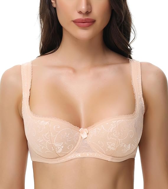 Demi Balconette Bra Underwire Half Push Up Cup Low Cut Balcony Sexy Bras for Women(38DD,Beige)