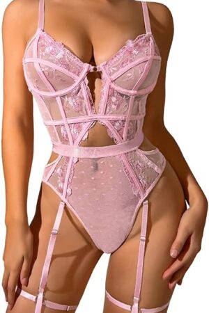 Floral Embroidered, Underwire, Removable Garter, Thigh Straps, Backless Bodysuit