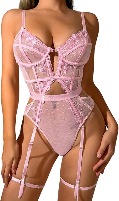 Floral Embroidered, Underwire, Removable Garter, Thigh Straps, Backless Bodysuit