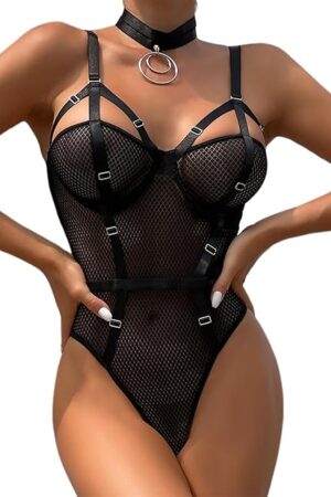 Women Lingerie Sheer Mesh Harness Lingerie Bodysuit One Piece Teddy Babydoll Nightgown with Choker