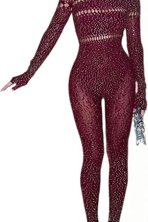 Women sexy mesh rhinestone jumpsuit long sleeve see-through high stretch bodysuit bodystockings club outfit
