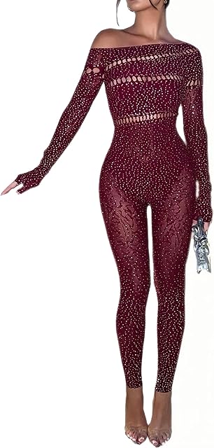 Women sexy mesh rhinestone jumpsuit long sleeve see-through high stretch bodysuit bodystockings club outfit