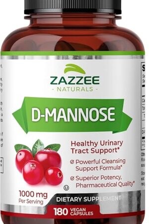 Zazzee D-Mannose, 1000 mg per Serving, 180 Vegan Capsules, 3 Month Supply, Potent & Fast-Acting, Certified Kosher, 100% Pure, All-Natural Urinary Tract Health UTI Support, 100% Vegetarian, Non-GMO