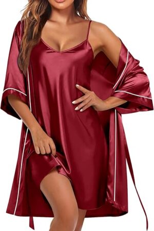 Women's Satin Robe Set 2 Piece Silky Nightgown with Robes Bride Bridesmaid Bathrobe Sexy Sleepwear with Pockets