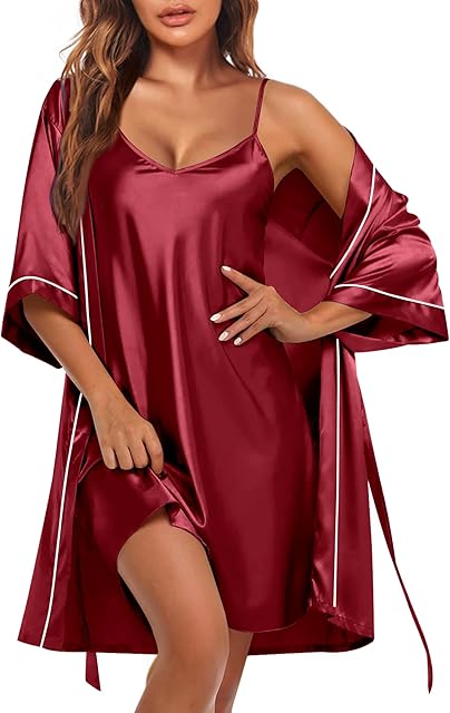 Women's Satin Robe Set 2 Piece Silky Nightgown with Robes Bride Bridesmaid Bathrobe Sexy Sleepwear with Pockets