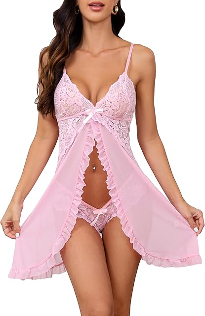 Women Plus Size Lingerie Babydoll Dress Lace Chemise Sleepwear Mesh Nightgown with Thong V Neck Set S-5XL