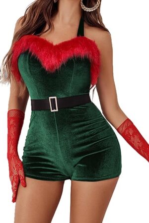 Womens Sexy Santa Costume Velvet Romper Christmas Shorts Bodysuit Lingerie with Belt