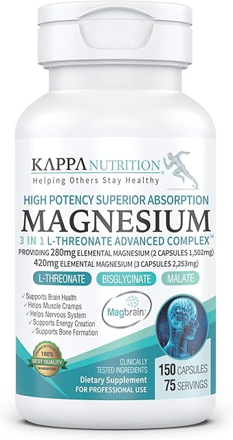 Kappa Nutrition Magbrain? L-Threonate Plant-Based Magnesium Biocomplex, 150 Vegan Capsules, 2,253 mg Per Serving, Providing 420 mg Elemental Magnesium for Brain, Sleep & Muscle Support