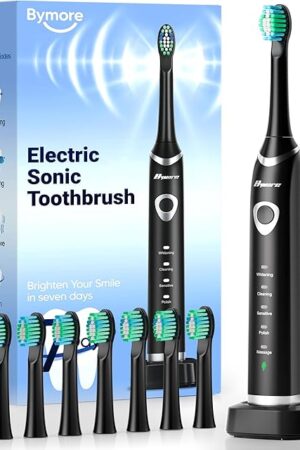 Bymore Electric Toothbrush for Adults,Travel Sonic Toothbrush with 8 Replacement Heads, Ultra Clean Rechargeable Toothbrush Portable One Charge for 330days 5 Modes 2mins Timer-Black