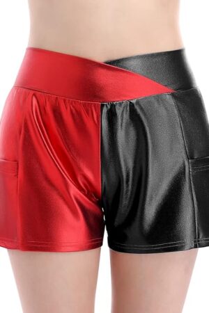 Women's Metallic Rave Shorts Shiny Hot Pants Color Block Disco Dance Bottoms Halloween Cosplay Clubwear Costumes