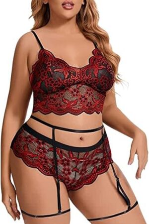 Women Floral Lace Sheer Pajamas Sexy Lingerie Set Sleeveless Ruffle Camisole Bra and Panty 2 Piece Nightwear