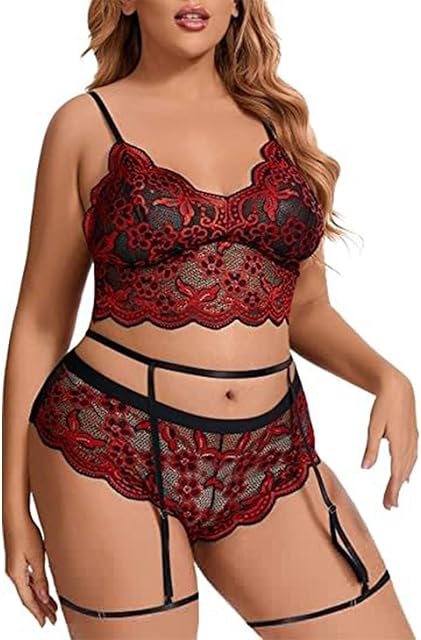Women Floral Lace Sheer Pajamas Sexy Lingerie Set Sleeveless Ruffle Camisole Bra and Panty 2 Piece Nightwear