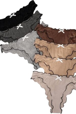 Women's 7 Pack Sexy Thongs Frill Trim Panties Elastic Waist Low Rise Underwear