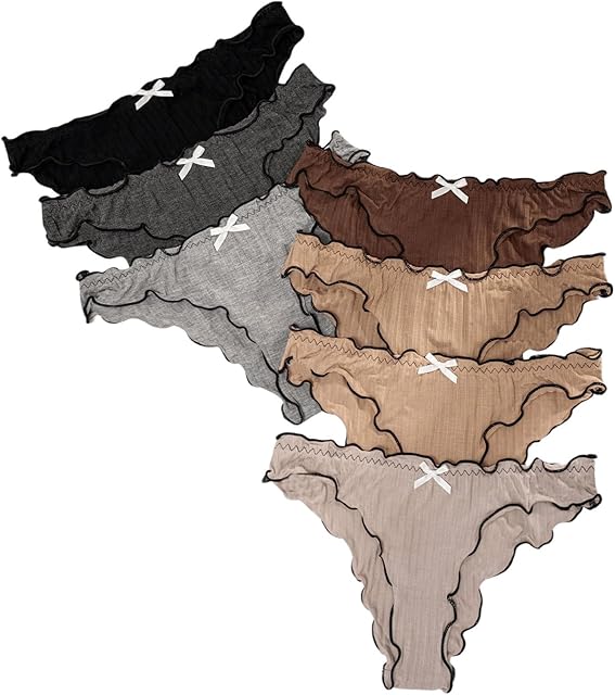 Women's 7 Pack Sexy Thongs Frill Trim Panties Elastic Waist Low Rise Underwear