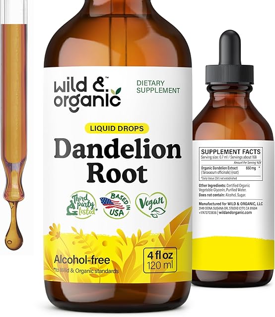 Wild & Organic Dandelion Root Extract Drops - Liver Cleanse Detox Support - Dandelion Tincture for Liver Health - Vegan, Sugar & Alcohol-Free Liquid Supplement - 4 fl oz