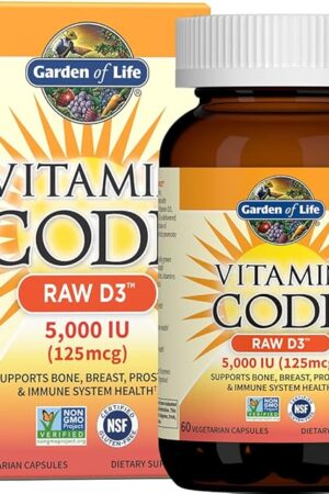 Garden of Life Vitamin D3 5000 IU, Raw Whole Food Supplements with Chlorella, Fruit, Veggies & Probiotics for Bone & Immune Health, 60 Vegetarian Capsules