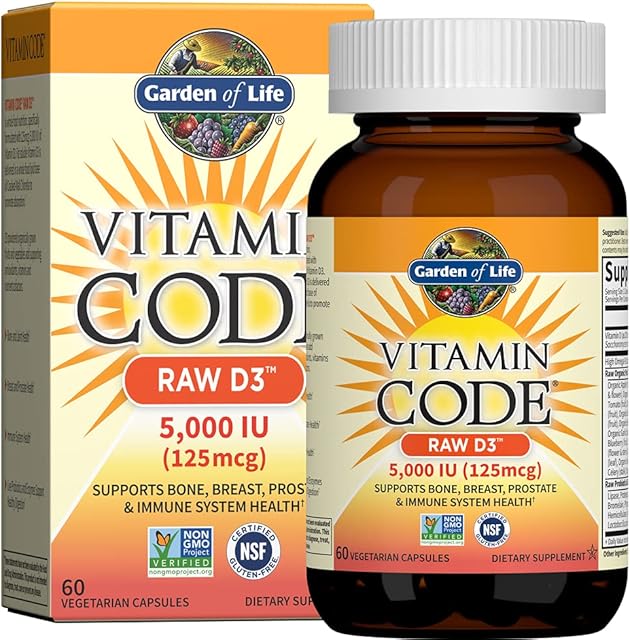 Garden of Life Vitamin D3 5000 IU, Raw Whole Food Supplements with Chlorella, Fruit, Veggies & Probiotics for Bone & Immune Health, 60 Vegetarian Capsules