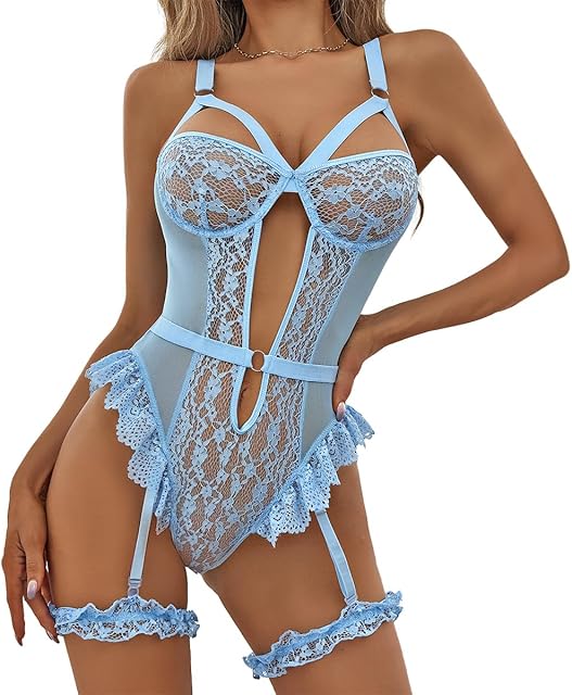 Women's Lace Lingerie Sets with Garter Belt Bodysuit with Thigh Cuffs 3 Piece Strappy Teddy Babydoll Nightwear