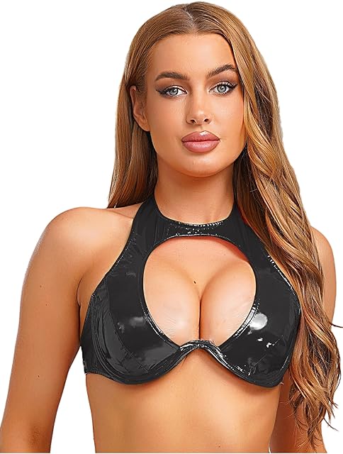 Women Wetlook Latex Leather Bra Top Lingerie Sexy Camis Streetwear Cutout Crop Tops Clubwear