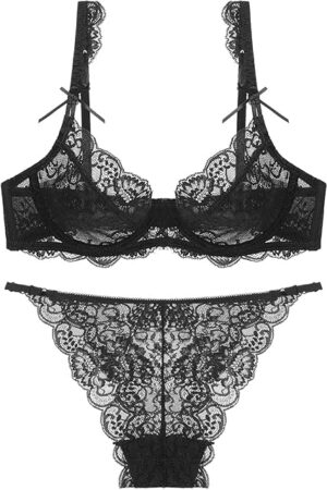 Women's Sexy Soft Lace Lingerie Set See Through Underwear Floral Lace Sheer Unlined Balconette Bra and Panty Set
