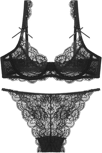 Women's Sexy Soft Lace Lingerie Set See Through Underwear Floral Lace Sheer Unlined Balconette Bra and Panty Set