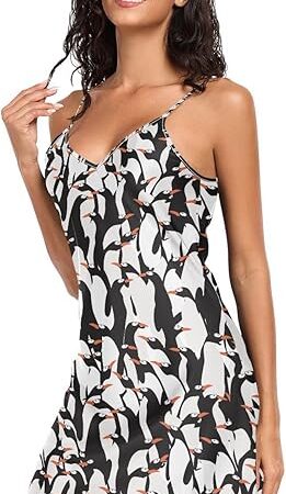 Women Sleepwear Midi Slips Dress Nightgown Little Cute Penguins Summer Outfit