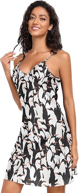 Women Sleepwear Midi Slips Dress Nightgown Little Cute Penguins Summer Outfit