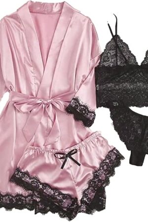 Lace Pajamas Sets for Women Sexy Camisole Tops+Shorts+Robe 3 Piece Outfits Soft Satin Sleepwear Cozy Pjs