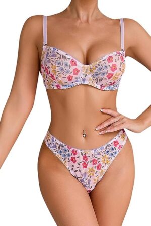 Women's Floral Print Lingerie Set Sexy Push Up Bra and Panty Sets 2 Piece Bikini Underwear for Sex Naughty