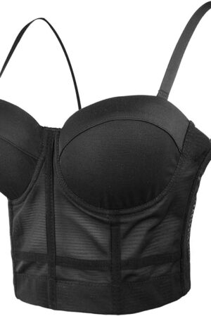 Women's Mesh Bustier Crop Top Push Up Corset Tops Bra Black