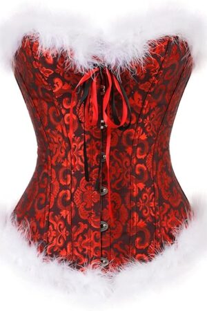 Women's Sexy Christmas Lingerie Corset Top Mrs. Santa Claus Costume Feather Trimming Bustier