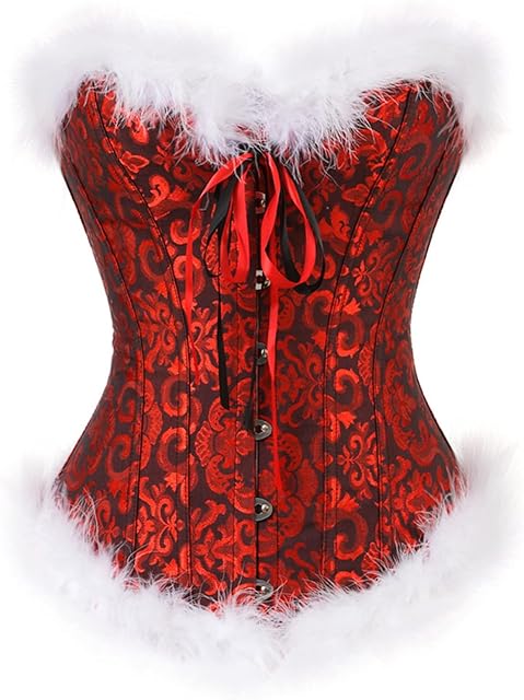 Women's Sexy Christmas Lingerie Corset Top Mrs. Santa Claus Costume Feather Trimming Bustier