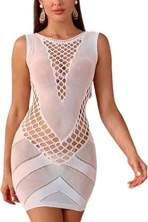 Women's Mesh Fishnet Sexy Lingerie Long Tube Dress Outfits Bodycon Stretch Scoop Neck Maxi Dress Party Club Wear