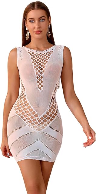 Women's Mesh Fishnet Sexy Lingerie Long Tube Dress Outfits Bodycon Stretch Scoop Neck Maxi Dress Party Club Wear