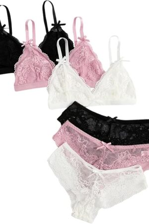 Women's 3 Sets Scalloped Floral Lace Lingerie Sets Bow Bra and Panty