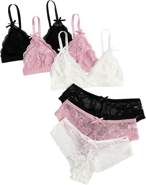Women's 3 Sets Scalloped Floral Lace Lingerie Sets Bow Bra and Panty