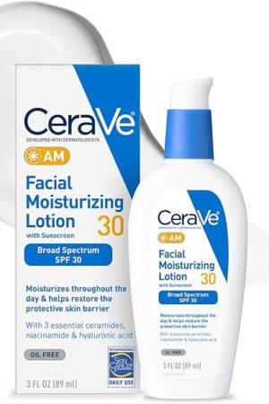 CeraVe AM Facial Moisturizing Lotion with SPF 30, Oil-Free Face Moisturizer with SPF, Formulated with Hyaluronic Acid, Niacinamide & Ceramides, Non-Comedogenic, Broad Spectrum Sunscreen, 3 Ounce